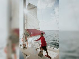 A sailor navigates a catamaran under bright sunshine, showcasing the thrill of sailing on open waters.