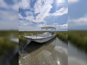 A serene view of a boat named 'TIDELINE' anchored in shallow waters surrounded by lush greenery, perfect for exploring coastal landscapes.