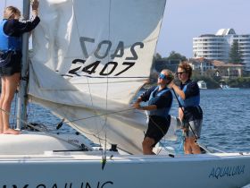 Two individuals actively sailing a yacht, adjusting the sails under clear skies — a perfect moment capturing the excitement of sailing adventures.