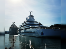 A stunning view of two luxurious yachts docked in calm waters, showcasing their sleek designs and elegant profiles under a clear sky.