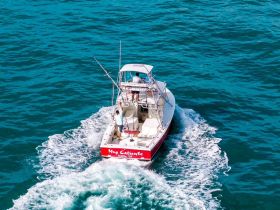 A fishing boat named 'Muy Caliente' navigates through vibrant turquoise waters, showcasing an exciting day on the water with anglers ready for adventure.