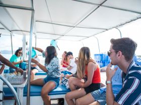 A lively group enjoys their time aboard a boat, engaging in conversation and celebration — perfect for social outings and adventures on the water.