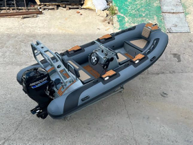 A sleek center console boat displayed on land, showcasing its modern design and features, perfect for various water activities.