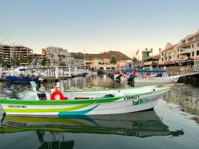 A vibrant scene at a marina in Cabo San Lucas, featuring a colorful boat named 'Chikit' with a woman preparing for a day on the water, reflecting the lively atmosphere of the harbor.