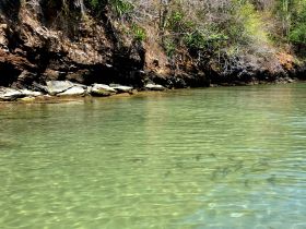 A scenic view of a rocky shoreline with clear water, but the image lacks clarity and focus.