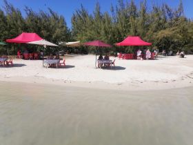 Guests enjoy a relaxing day at the beach with outdoor dining under colorful canopies, perfect for group gatherings and celebrations.