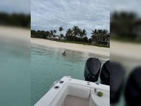 A person enjoys a refreshing swim in the clear waters near a beautiful beach, with a boat anchored nearby — a perfect tropical getaway.