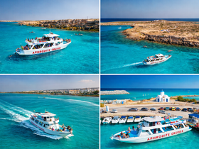 Aerial views of the Aphrodite Cruises boat navigating through stunning turquoise waters, showcasing the beauty of the coastline and the vibrant marine environment.