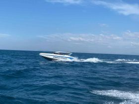 A sleek speedboat cuts through the waves, showcasing its dynamic design and performance on the open water.