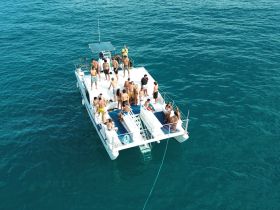 A lively group enjoys a day on a catamaran, celebrating and having fun in the turquoise waters — the perfect backdrop for unforgettable summer adventures.