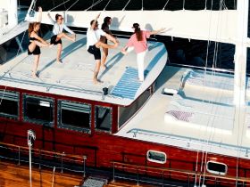 A lively group enjoys a fun moment dancing on the deck of a boat, showcasing the joy of celebrations on the water.