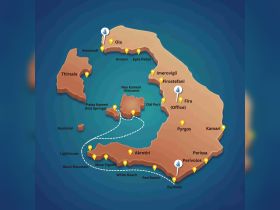 A map of Santorini highlighting various locations and points of interest, ideal for planning boat tours and exploring the island's attractions.