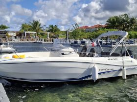 A sleek speedboat named 'Cap Cama' docked in a serene marina, surrounded by lush greenery and clear waters, perfect for a day of adventure on the sea.