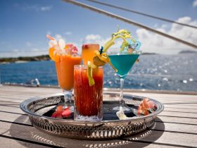 A vibrant display of colorful cocktails on a silver tray, perfect for enjoying a refreshing drink while relaxing on the water.