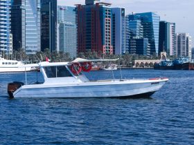A sleek speedboat glides through the water with a stunning skyline in the background, showcasing modern architecture and vibrant city life.