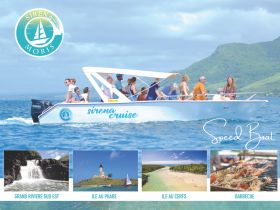 A lively group enjoys a speedboat cruise, showcasing the beautiful ocean and scenic islands — perfect for adventure seekers and group outings.