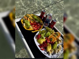 A vibrant display of fresh fruits and refreshments, perfect for enjoying a relaxing day on the water. Ideal for catering on boat trips or beach outings.