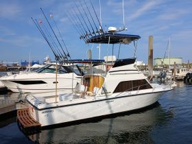 A well-equipped fishing boat docked at the marina, showcasing multiple fishing rods and a sleek design, perfect for a day out on the water.