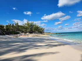 A serene beach scene showcasing soft sands and clear turquoise waters under a bright blue sky, perfect for a relaxing getaway or beach day.