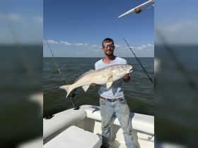 A proud angler holds up a large catch while fishing on a boat, showcasing the thrill of a successful day on the water.
