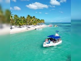 A lively group enjoys a boat ride along a stunning tropical beach, perfect for island hopping adventures in crystal-clear waters.