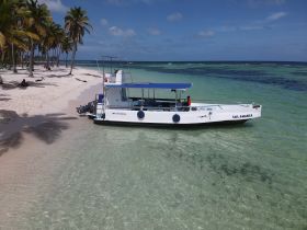 A catamaran named 'Salamanca' is docked on a beautiful beach, surrounded by palm trees and clear waters, perfect for a day of relaxation and adventure.
