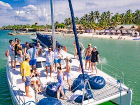 A lively group enjoys a celebration aboard a yacht, surrounded by stunning beach scenery — perfect for memorable outings and parties on the water.