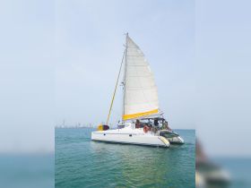 A vibrant catamaran sails through clear waters with a stunning city skyline in the background, showcasing an ideal day on the water.