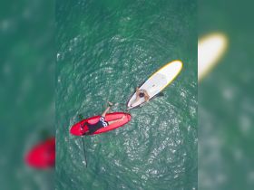 Two individuals enjoy paddleboarding in clear waters, showcasing a fun and active day on the water.