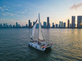 A beautiful sailing experience with a group aboard a catamaran, set against the stunning skyline of Cartagena at sunset.