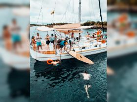 A lively group enjoys a day on a catamaran, engaging in swimming and fun activities in the water — perfect for a memorable boating experience.