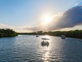 A picturesque sunset scene with boats navigating through mangroves, creating a serene atmosphere perfect for nature lovers and adventure seekers.