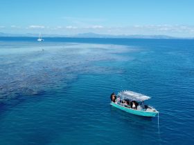 A lively group enjoys a day on the water aboard a small boat, surrounded by stunning turquoise waters — perfect for snorkeling adventures and exploring the beautiful marine environment.
