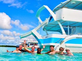 A lively group enjoys a fun day swimming in clear waters next to a boat, capturing the essence of a perfect day on the water.