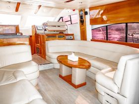 Interior view of a luxurious boat cabin featuring comfortable seating and a well-equipped helm, perfect for relaxing during a day on the water.