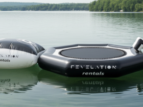 An inflatable floating mat anchored in calm waters, perfect for fun and relaxation during summer outings or water sports activities.