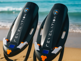 Two sleek jet skis displayed on the beach, ready for thrilling water adventures. Perfect for those looking to explore the coastline or enjoy a day of fun on the water.