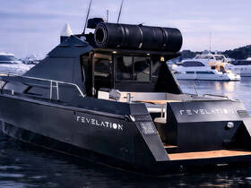 A sleek yacht named 'Revelation' docked in calm waters, showcasing its modern design and luxurious features — perfect for upscale boating experiences.