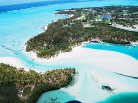 A stunning aerial view of a tropical island showcasing turquoise waters and lush greenery, perfect for eco tours and island hopping adventures.