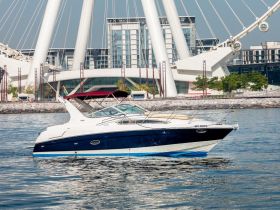 A sleek speedboat navigates the waters, showcasing its elegant design against a modern urban backdrop — perfect for luxury outings or day trips.