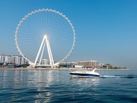 A sleek boat glides through calm waters with a stunning Ferris wheel in the background, showcasing a picturesque coastal view perfect for sightseeing tours.