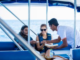 Guests enjoy a delightful meal service aboard a boat, showcasing the relaxing atmosphere and attentive hospitality on the water.