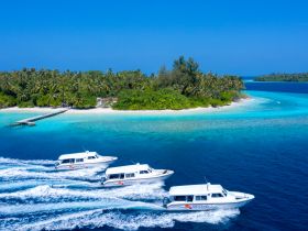 A stunning aerial view of three boats cruising through the vibrant turquoise waters near a tropical island, showcasing the beauty of the Maldives.