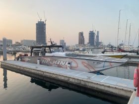 A sleek speedboat named 'THE KING' docked at a marina, surrounded by a skyline of modern buildings — perfect for thrilling water adventures.