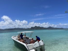A lively group enjoys a day on the water aboard a boat, surrounded by stunning scenery and clear turquoise waters — perfect for a beach getaway.