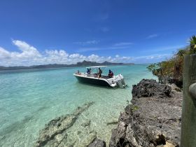 A group enjoys a sunny day on a boat anchored in clear turquoise waters, perfect for beach activities and snorkeling adventures.