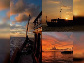 Stunning sunset views featuring a beautifully crafted boat silhouette against a vibrant sky, perfect for evening cruises or scenic photography.