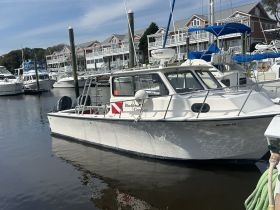 A well-maintained boat docked at a marina, showcasing its sleek design and surroundings — perfect for exploring the waters.