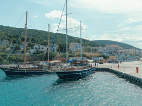 A stunning view of two yachts docked in a picturesque harbor, surrounded by lush greenery and charming buildings, perfect for exploring coastal destinations.