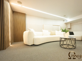 A stylish lounge area inside a boat featuring a modern sofa and decorative elements, perfect for relaxation during your nautical adventures.